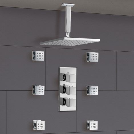 Rose Square Concealed Thermostatic Shower Mixer Set - Ceiling Head & Massage Body Jets (1/5)