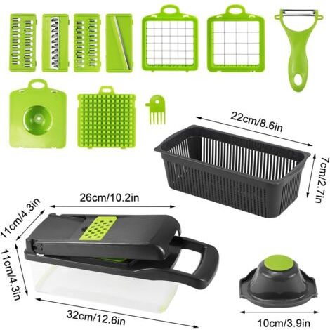 16 en 1 Mandoline Cuisine Kit, Coupe Decoupe Legumes Multifonctions, Legumes Manuel à 7 Lames Remplaçables Vegetable Chopper, Coupe Legume Cube, pour Couper, Râper Les, Trancher Légumes (1/4)