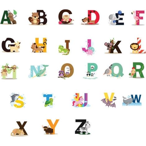 Autocollants alphabet ABC, stickers muraux lettres animaux - déco murale lettres adhésives KLB, lot de stickers alphabet pour chambre enfant (1/3)