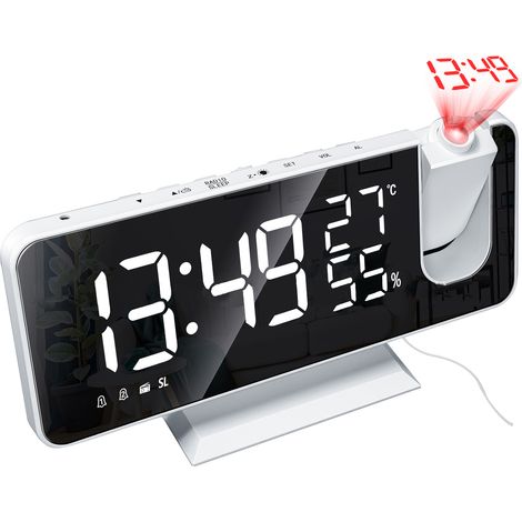 DECDEAL Digitale Projektion Wecker mit Spiegeloberfläche 4-in-1 180-Grad-Projektor Innentemperatur Feuchtigkeit Monitor FM Radio Phone Ladegerät LED-Display ℃/ ℉ Selektierbar für Schlafzimmer Kinderzi