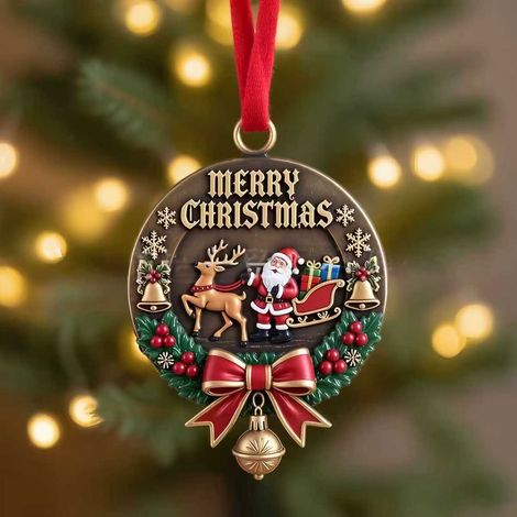 Décoration de sapin de Noël en acrylique plat 8 cm, pendentif cloche Père Noël