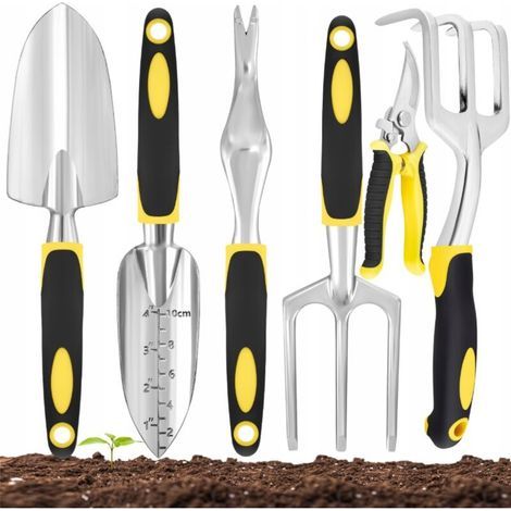 6-teiliges Gartenwerkzeug-Set aus Aluminium: Krallenschaufel, breite Schaufel und Spaten mit abgestufter Schneide – zum Pflanzen und Jäten – ergonomischer, rutschfester Griff – gelb (1/5)
