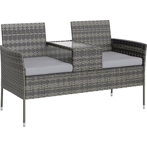 Banc d'extérieur 2 places avec table basse intégrée, acier et rotin PE, 137 x 59 x 82 cm, gris idéal pour aménager votre terrasse, balcon ou jardin, alliant confort et durabilité pour vos moments d...