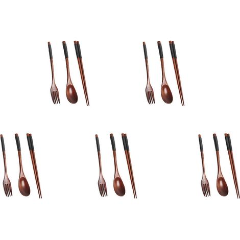 5-teiliges Holzbesteck-Set, tragbares Set aus Essstäbchen, Löffel und Gabel mit schwarzer Zierschnur, rotbraun (1/5)