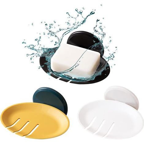 Soap Rack - 3 Pack Wall Mounted Drainage Soap Tray with Suction Cups - for Bathroom Shower Kitchen - Yellow White Black (1/4)