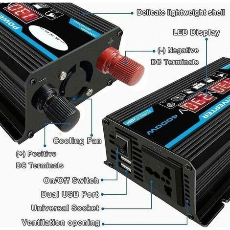 4000-W-Sinus-Wechselrichter (12 V auf 220 V) mit kabelloser Fernbedienung, LED-Anzeige und 2 USB-Anschlüssen für Auto, Camping und Reisen (1/4)