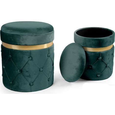 Set 2 elegante poufs in grün/gold mit Stauraum Ø38x44 und Ø31x38 cm