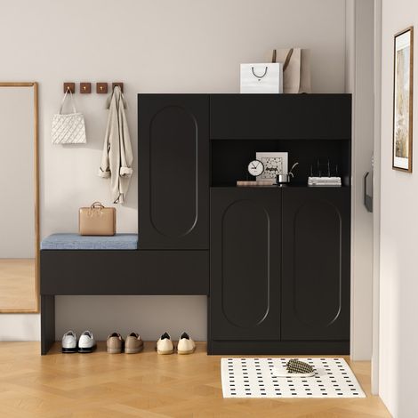 Meuble à chaussures 2-en-1 avec portes cintrées, fermeture douce, compartiments réglables, banc Noir 130x35x110cm (1/5)