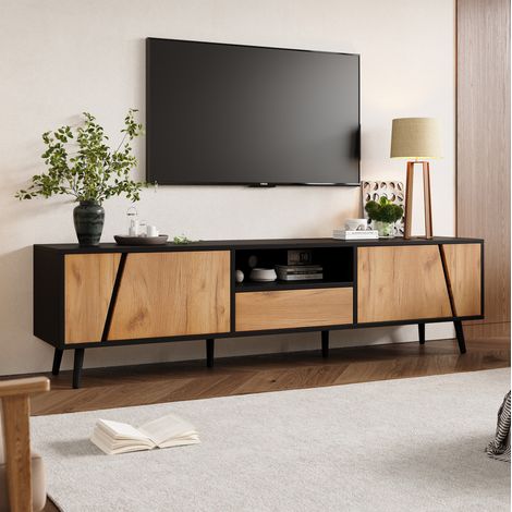 MEUBLIV meuble TV 180x40x46 cm noir et bois – grand rangement 2 portes, 1 tiroir (1/5)