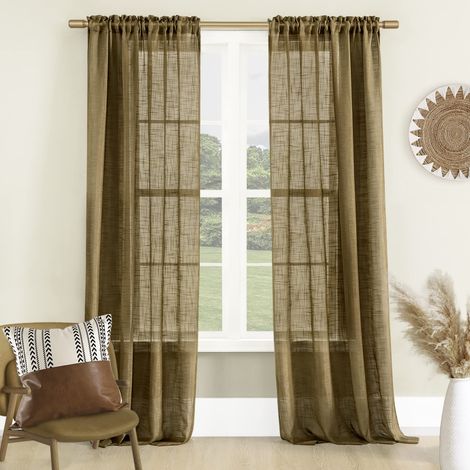 Rideaux en toile de jute marron clair de 213,4 cm de long pour salon, chambre à coucher, décoration, rideaux en toile de jute texturés en tweed pour fenêtre coulissante en verre (1/5)