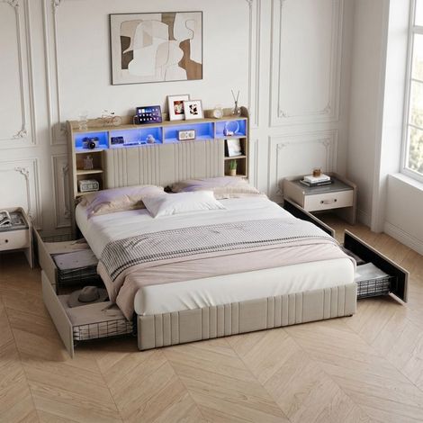 Doppelbett 140x200 - Beige Leinenstoff - 4 Schubladen - Kopfteil mit USB & LED - Lattenrost (1/5)
