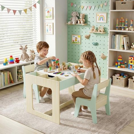 Kindertisch- und 2-Stuhl-Set mit wendbarer Tischplatte und Stauraum für Schule, Kita, Büro, Grün (1/5)