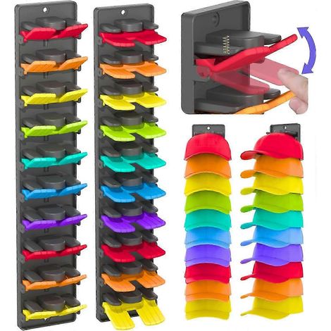 Organisateur de chapeaux pour casquettes de baseball (lot de 2) avec pinces à ressort intégrées - Support mural pour chapeau, rangement pour porte/placard (1/5)