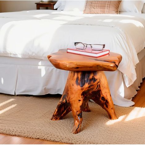 Mesa auxiliar de madera maciza (36x39x40 cm), forma irregular, multifuncional, resistente a la humedad, madera natural (1/5)