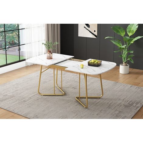 Table à manger extensible 140/180x80 cm, plateau effet marbre blanc, pieds métal doré, table repas moderne luxe pour 4 à 6 personnes (1/5)