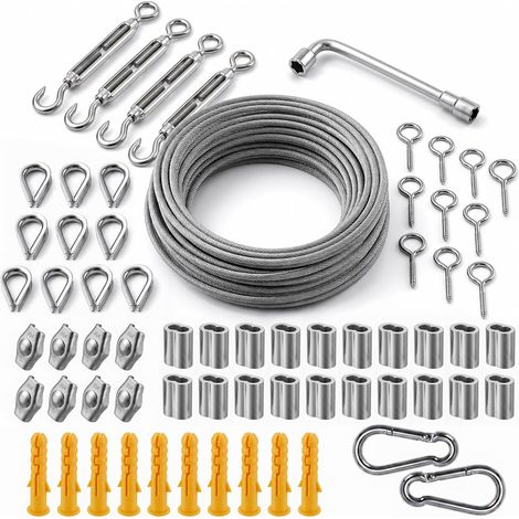 Kit de Câble en Acier Inoxydable 35m (3mm) – Corde de Suspension Revêtue PVC avec Tendeurs pour Guirlandes Lumineuses, Treillis et Clôture – Ensemble de Fixation Complet 7x7 Brins (1/5)