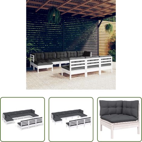 Holzgartenmöbel - 10-tlg. Garten-Lounge-Set mit Kissen Weiß Kiefernholz (1/5)