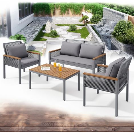FurnitureR Outdoor Furniture Set, 4 Piece Garden Sofa Set with Cushions, Metal Patio Conversation Set with Coffee Table, Modern Outdoor Seating for Garden, Balcony, Terrace & Patio