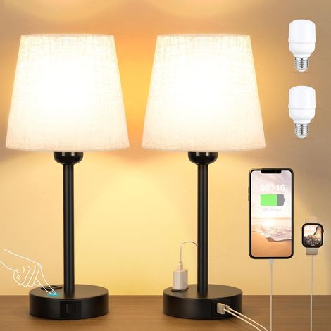 Lampe de chevet tactile avec ports USB-A+C+AC, lot de 2 lampes de table, variateur 3 positions, blanc cassé, idéale pour chambre, salon, chambre d'enfant, bureau (ampoule incluse) [Classe énergétique (1/5)