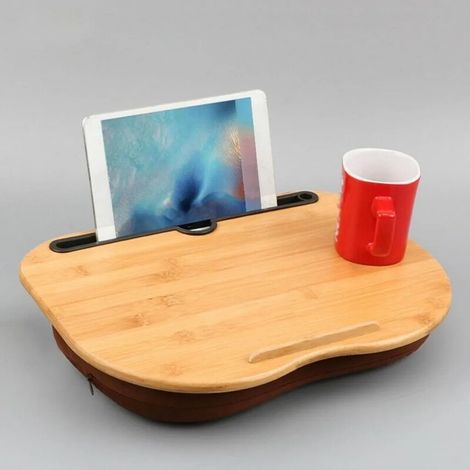 Almohadilla de bambú para portátil, almohada extraíble, asa de transporte, bandeja para portátil Tamaño: 38 x 28 cm (hasta 14 pulgadas) (1/5)