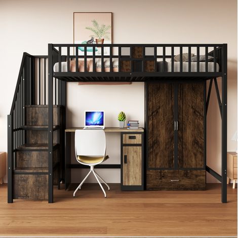 Lit mezzanine 90x200 cm en métal et bois noir avec armoire, grand tiroir et escalier de rangement (1/5)