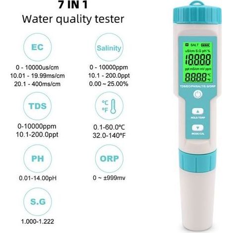 PH-Mètre, 7 En 1 Salinité/PH/SG/TDS/EC/ORP/Tempmètre, Testeur De Moniteur De Qualité De L'eau Pour Piscines, Culture Hydroponique, Eau Potable, Aquariums PH-Mètre, 7 En 1 Salinité/PH/SG/TDS/EC/ORP/Tem (1/5)