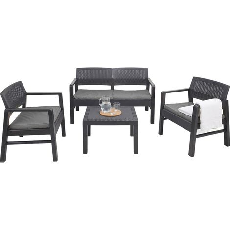 Dmora - Salón de Jardín Dauter, Conjunto de jardín con 2 sillones, 1 sofá y 1 mesa de centro, Zona de estar efecto ratán con cojines, 100% Made in Italy, Antracita