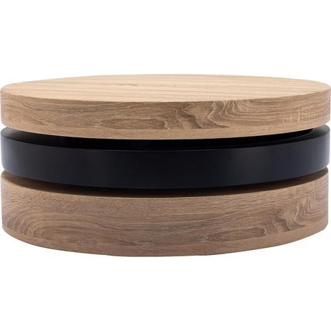 Tavolino girevole tondo con 1 nicchia in MDF Nero e Naturale chiaro - JANITA