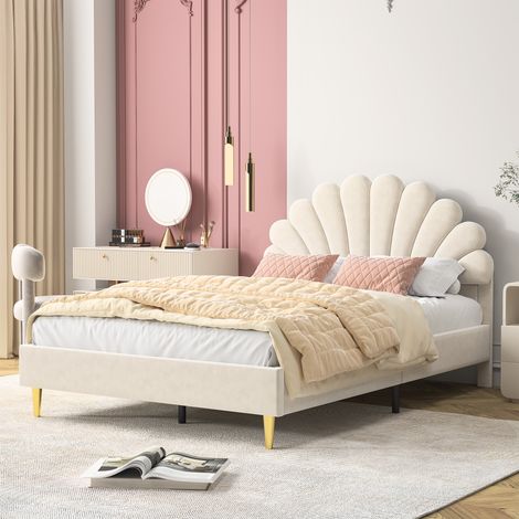 FOERPL-Gepolstertes Doppelbett 140 x 200 cm, Kinderbett für Mädchen 140 x 200 cm mit blütenförmigem Kopfteil, Gestepptes Bett mit Lattenrost Bettgestell aus Samtstoff in Blütenform