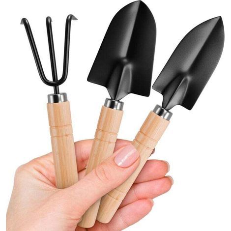 Mini attrezzi da giardinaggio - Set di 3 attrezzi per piante da interno, piccoli attrezzi da giardinaggio per interni, piccola pala da giardino, rastrello (1/4)