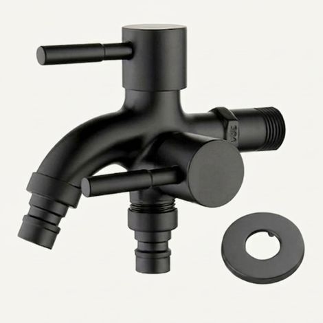 1/2 Zoll Doppelwasserhahn, Edelstahl Garten Wasserhahn mit Doppelauslauf, Frostsicherer Außenwasserhahn, Universal Auslaufhahn für Garten, Waschmaschine, Hof, Industrie, Schwarz (1/2)