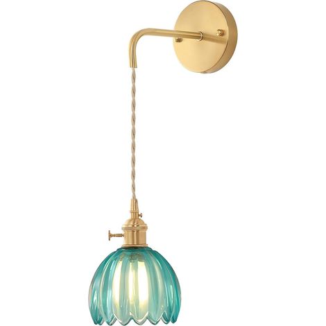 Applique murale vintage en verre cannelé transparent, lampe murale dorée avec douille E27 et interrupteur rotatif pour chambre ou salon (Bleu, 1 pièce) (1/4)