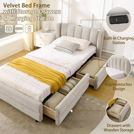 Lit individuel 90x200 cm beige avec tiroirs de rangement latéraux, port USB, tissu chenille doux et forme ergonomique – idéal pour chambre enfant, chambre simple, chambre d’invité ou location (sans ma (1/4)