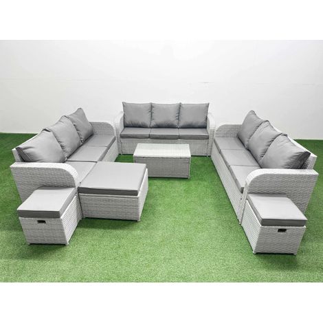 Fimous PE Rattan Lounge Sofa Set 12 Seater Outdoor Garden Furniture Set with Rectangular Coffee Table 3 Seater Sofa 3 Stools Light Grey (1/5)