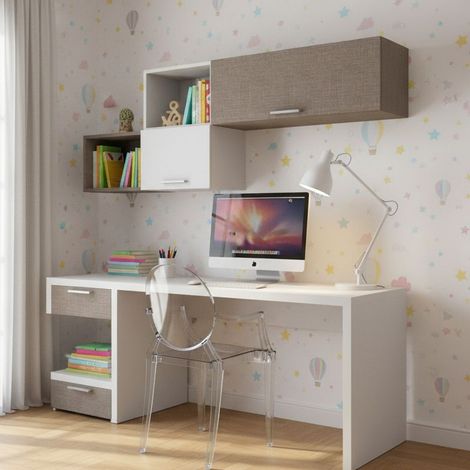 Angolo studio moderno con cassettiera sfalsata per cameretta - Bianco e Fumo