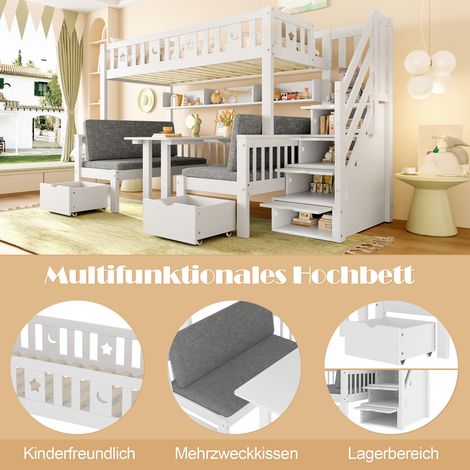 Mezzanine lit bureau 2-en-1 90x200cm blanc, structure avec échelle à rangements et barrière décorative étoiles lune, couchage multifonction (1/4)
