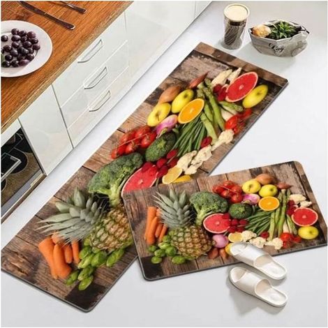 (vert orange)Tapis de Cuisine Lavable en Machine Antidérapant Absorbant Vert Marron - 40x120cm et 40x60cm (1/4)