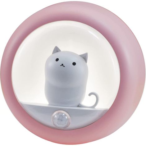 Veilleuse chat à détecteur de mouvement, idéale pour les petites filles amoureuses des chats. Batterie rechargeable, aimant intégré et 2 niveaux de luminosité (Rose).