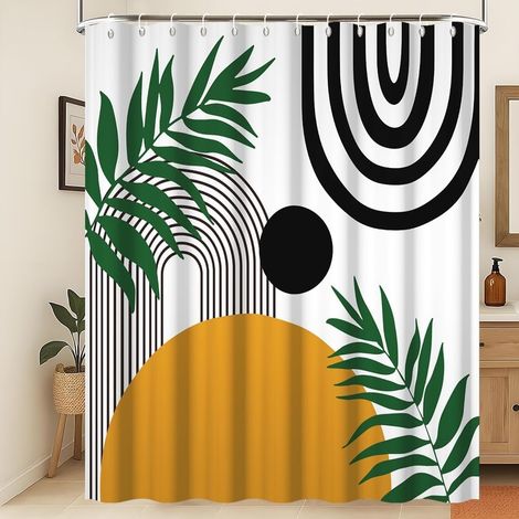 Rideau de Douche Bohème Rustique Lignes arquées Noires Rideau de Salle de Bain Feuilles Vertes Rétro Soleil Abstrait Feuilles Lignes Blanc Rideau de Douche imperméable et Lavable 150x200cm (1/5)