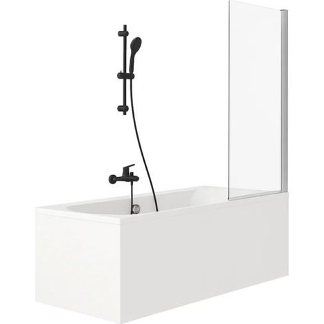Pack bañera recta 170 x 75 JACOB DELAFON Elise + pack rociador y mezclador de bañera negro mate + mampara de bañera cromada + desagüe