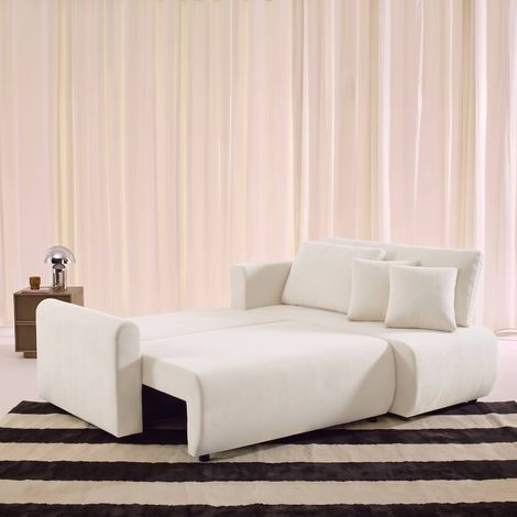 sweeek - 3-Sitzer Schlafsofa mit beidseitig montierbarer Recamiere, Stoffbezug und Stauraum, Stoff, Creme (1/5)