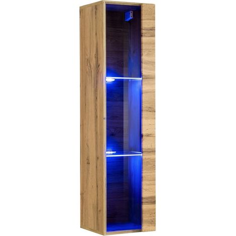 Vitrine suspendue in Eichenfarbe, kleines Modell mit 1 Glastür und inklusiver LED-Beleuchtung. Kollektion SWITCH.