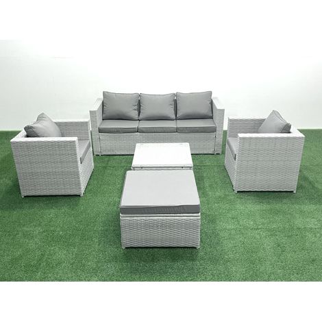 Fimous 6 Seater Rattan Garden Furniture Set with 3 Seater Sofa 2 Chair Square Coffee Table Big Footstool Light Grey Mixed (1/5)