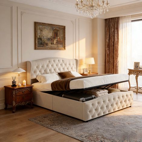 Letto contenitore 160x200 cm in velluto beige, letto matrimoniale capitonné con contenitore idraulico, rete a doghe