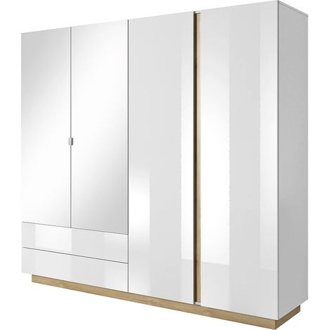 Armadio 4 Ante Con Cassetti Capiente Ripiani Appendiabiti Guardaroba Moderno Minimal Multiuso Camera Da Letto Matrimoniale Cameretta 2 Cassetti Vestiti Salvaspazio 220 x 202.4 x 54 Cm Bianco E Rovere