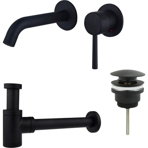 Fortifura Calvi Slim Kit mitigeur lavabo - robinet encastrable - bonde clic clac - siphon design bas - Noir mat