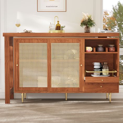 URBAN MEUBLE Table de bar extensible rotative à 360° effet bois et meuble de rangement avec porte en rotin 107-187x40x76cm