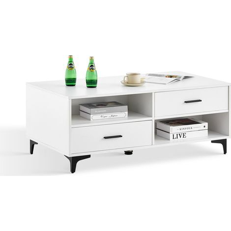Coffee Table with Storage, 4 Drawers and 4 Open Shelves Wood Center Tea Table with Metal Legs Rectangle Sofa Side Table for Living Room Bedroom Home Office (white) (1/5)