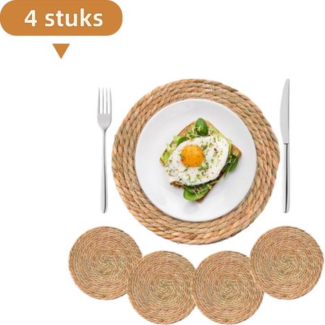 Ensemble de 4 sets de table ronds en osier tressé diamètre 30 cm résistants à la chaleur et antidérapants style bohème pour table à manger (1/5)