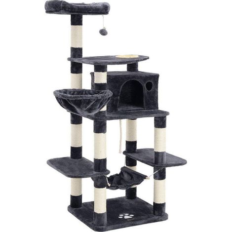 Arbre à chat hauteur de 174 cm multi-niveaux avec bol panier niche maison de jeu meubles pour chatons chats et félins couleur grise cendrée